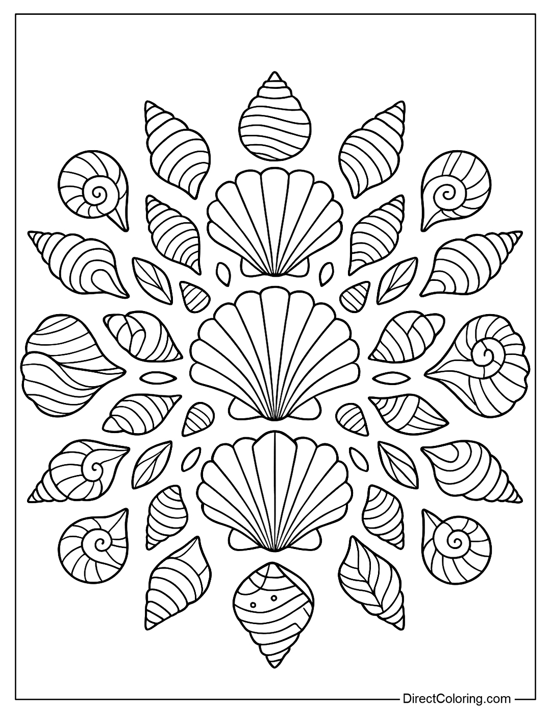 Mandala coloring page from delicate symmetrical seashell shapes